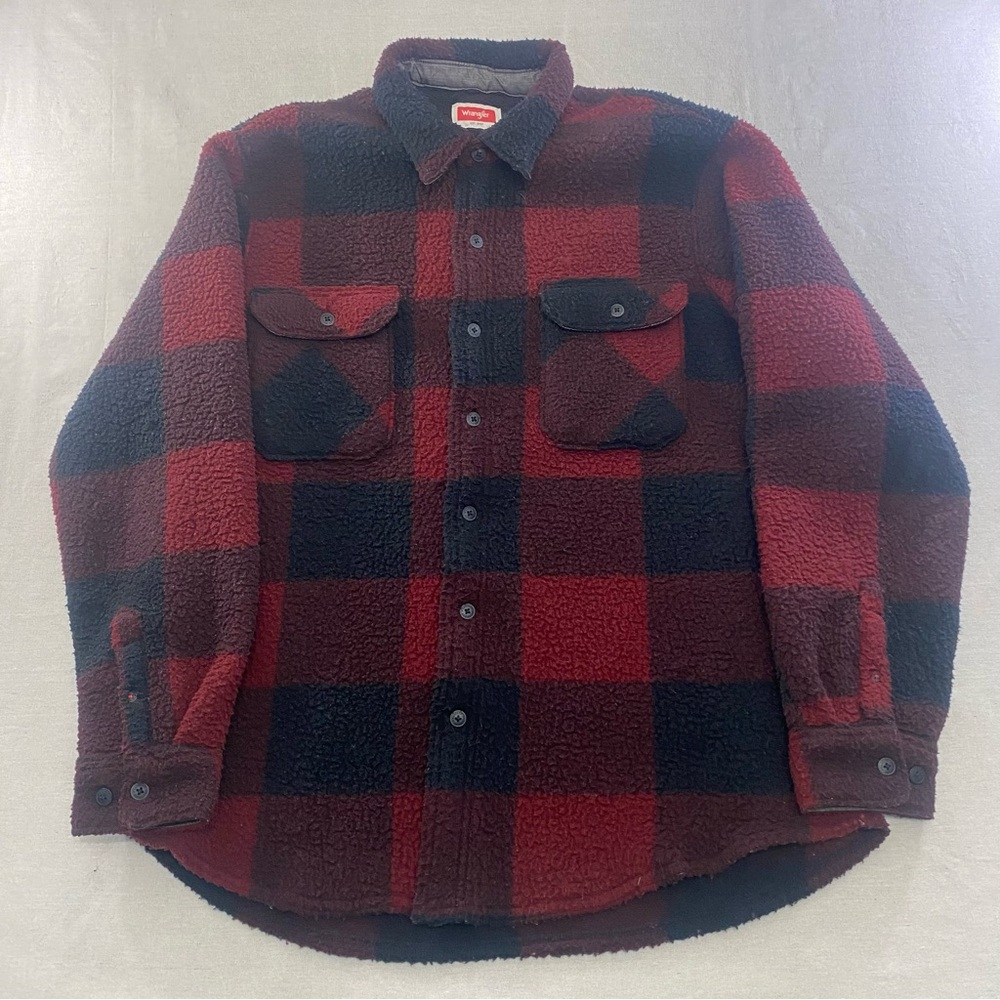 Wrangler Flannel Shacket Mens L Red Buffalo Plaid Fleece Shirt Jacket Button Up